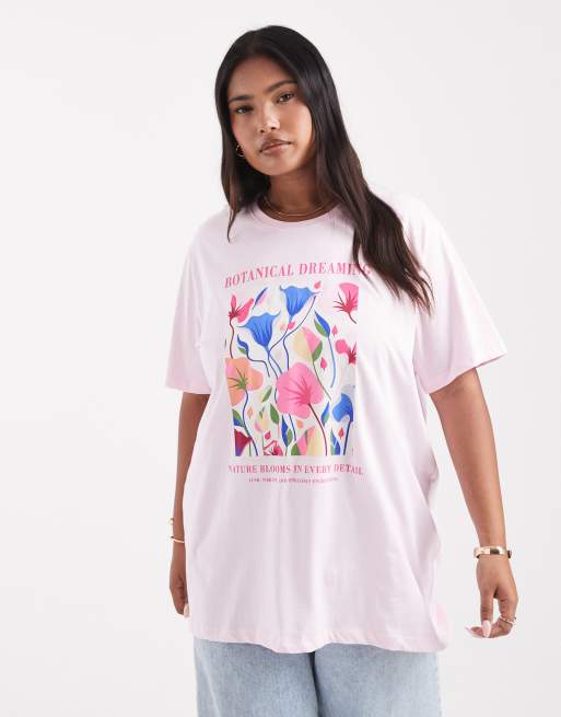 ONLY Curve - Boyfriend T-shirt met botanische print in roze, 3 van 4