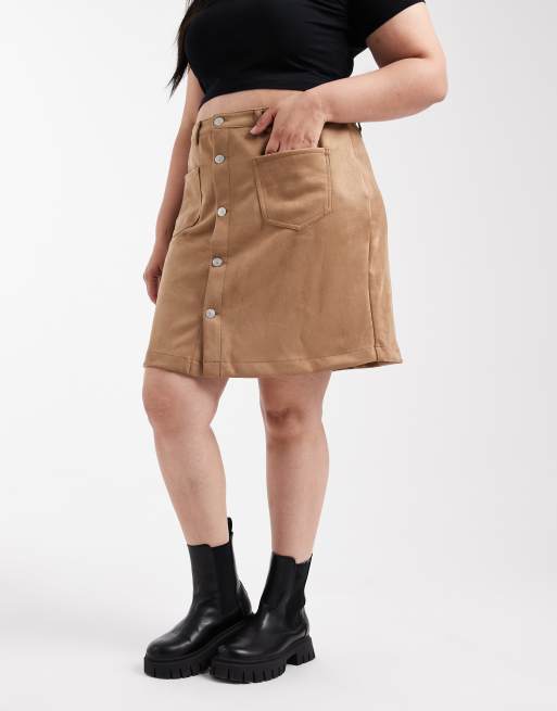 ONLY Curve – Brązowa spódnica mini z imitacji zamszu, 2 z 5