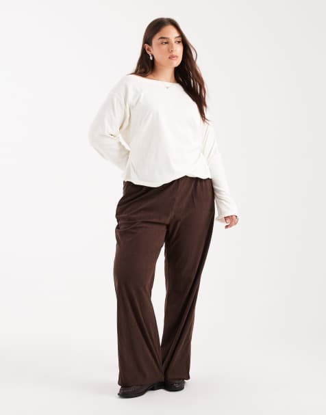 ONLY Curve wide leg pull on cord trouser in brown