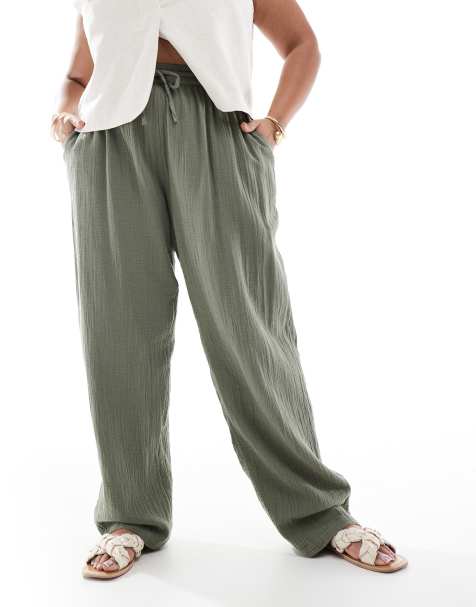 ONLY Curve - Broek van kaasdoek met elastische taille in licht kaki, deel van co-ord set - view 1