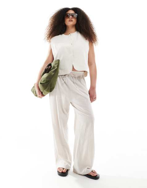 ONLY Curve - Broek van linnenmix met elastische taille in beige, deel van co-ord set - view 1