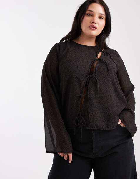 Only Curve - Brun asymmetrisk overdel med bindedetalje og leopardprint - view 1