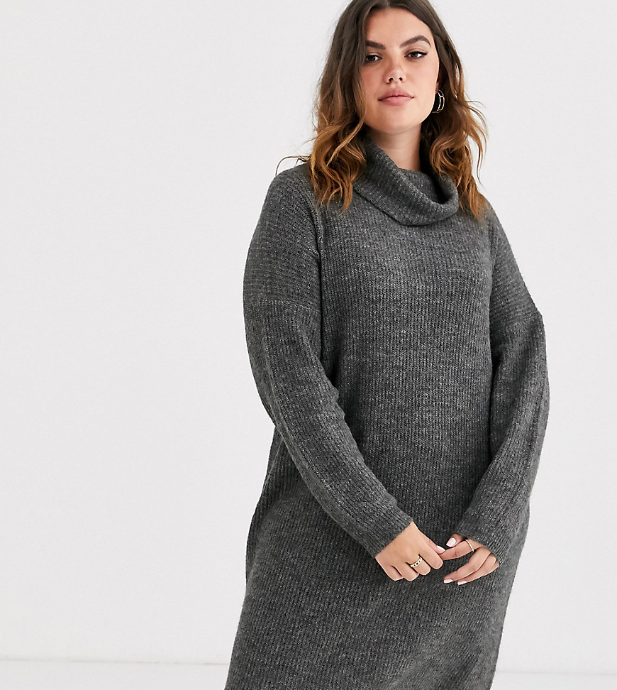 Only Curve brushed knitted longline roll neck dress-Grey