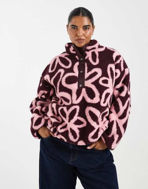 ONLY Curve button down borg fleece in burgundy floral - view 1