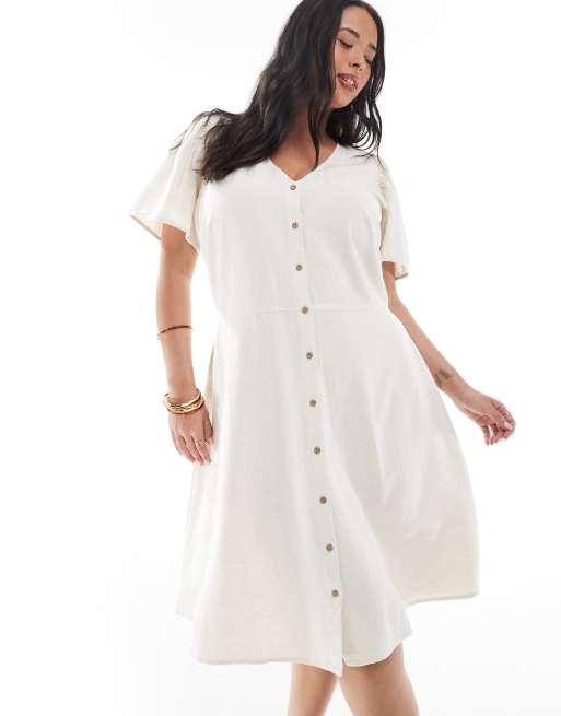 ONLY Curve button down linen mini dress in stone