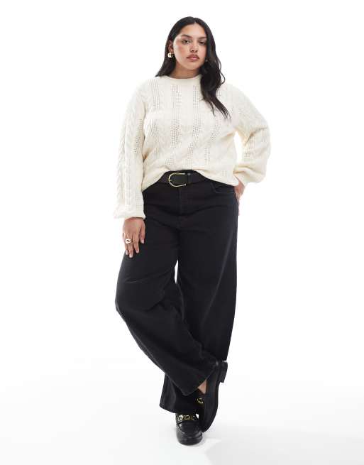 ONLY Curve cable knit sweater in white, 4 of 4