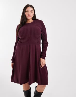 Only Curve ONLY Curve cable knitted dress in burgundy-Grey