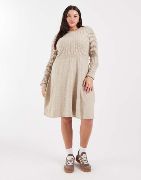ONLY Curve cable knitted dress in stone - view 1