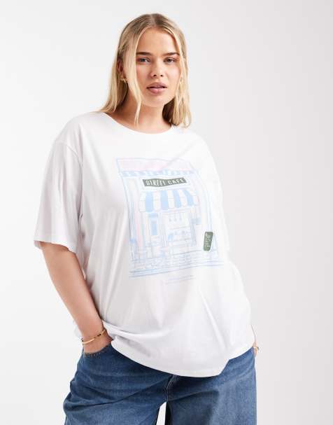 ONLY Curve cafe graphic oversized t-shirt in white - view 1