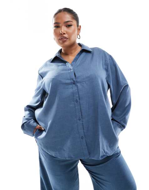 Only Curve - Camicia a maniche lunghe blu navy in chambray in coordinato - view 1