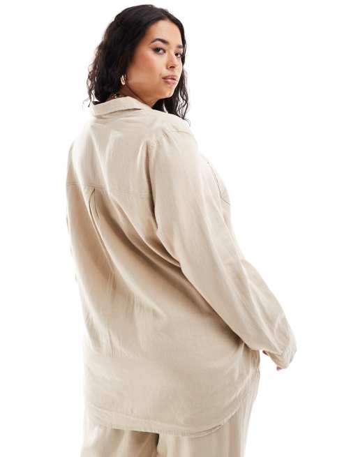 ONLY Curve Camicia a maniche lunghe in misto lino beige in coordinato ASOS