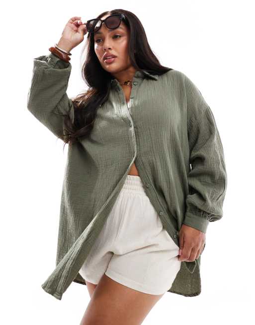 ONLY Curve - Camicia a maniche lunghe in mussola kaki in coordinato
