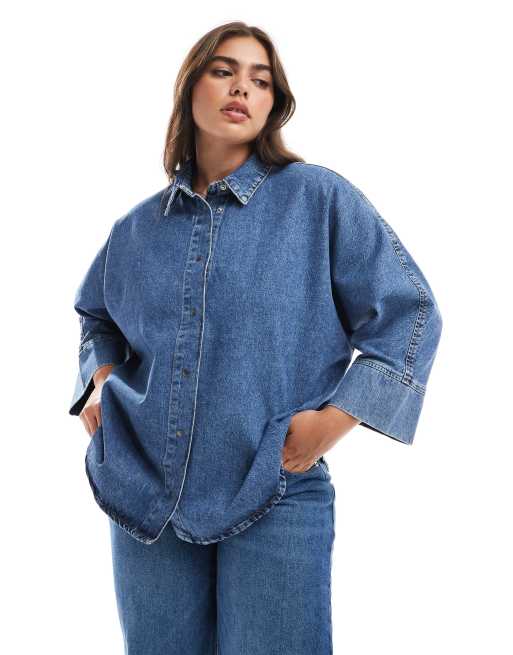 ONLY Curve - Camicia in denim blu medio con maniche a 3/4, 2 di 4