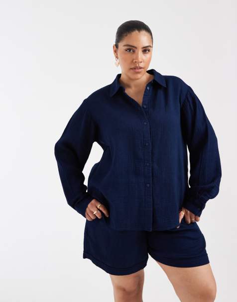 ONLY Curve - Camicia in seersucker blu scuro in coordinato - view 1