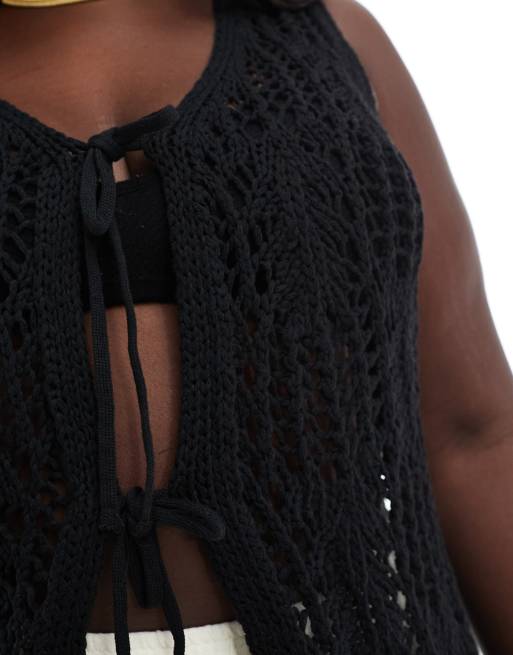 ONLY Curve - Canotta nera all'uncinetto allacciata sul davanti, 4 di 4