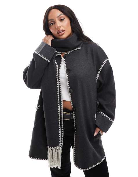 Only Curve - Cappotto grigio scuro con bordi smerlati e sciarpa - view 1