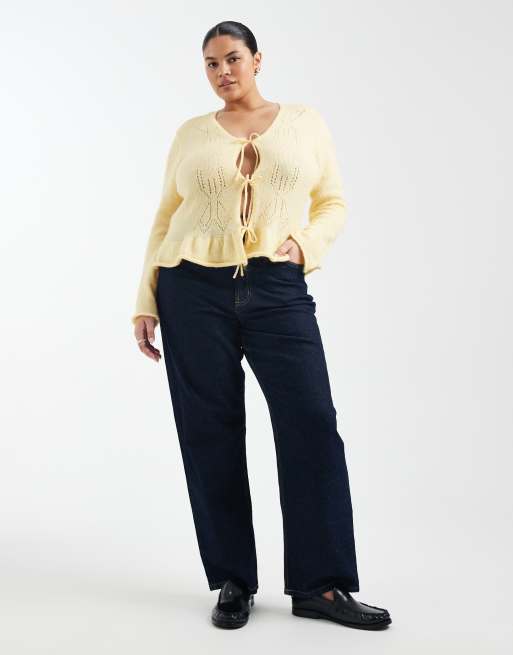 ONLY Curve - Cardigan in maglia giallo pallido allacciato sul davanti, 2 di 4