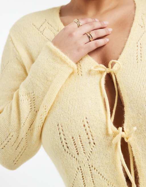 ONLY Curve - Cardigan in maglia giallo pallido allacciato sul davanti, 3 di 4