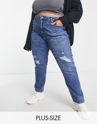 Only Curve Careneda distressed mom jeans in mid blue