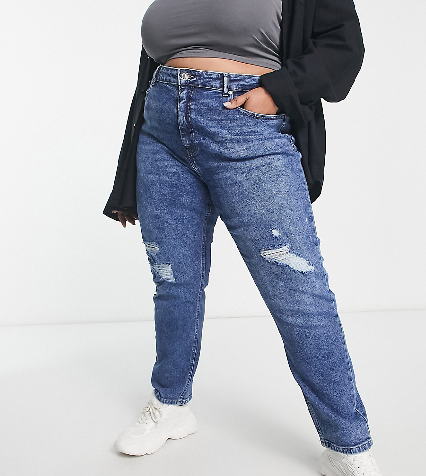 Only Curve Careneda Distressed Mom Jeans In Mid Blue