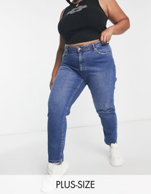 Only Curve Careneda Mom Jeans In Mid Blue