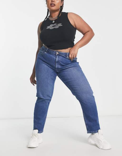 Plus Size Mid Blue Slim Fit Mom Jeans