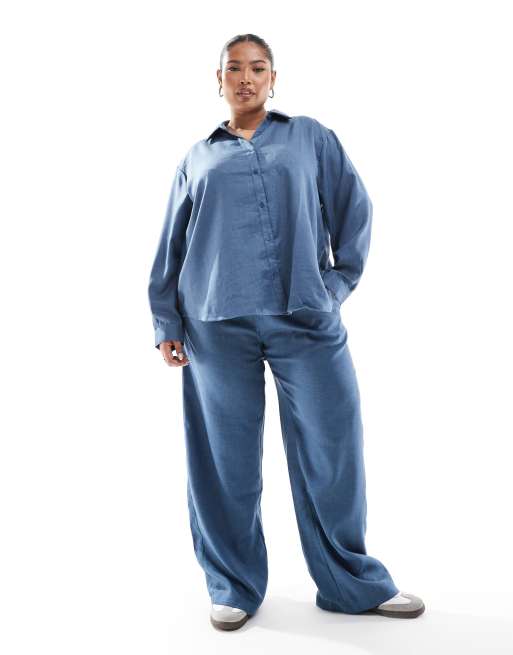 ONLY Curve - Chambray overhemd met lange mouwen in marineblauw, deel van co-ord set, 4 van 4