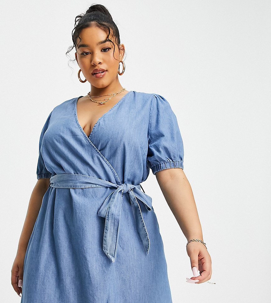 Only Curve chambray wrap mini dress in light blue-Blues