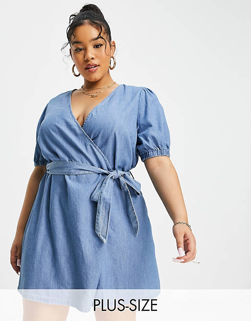 Only Curve chambray wrap mini dress in light blue