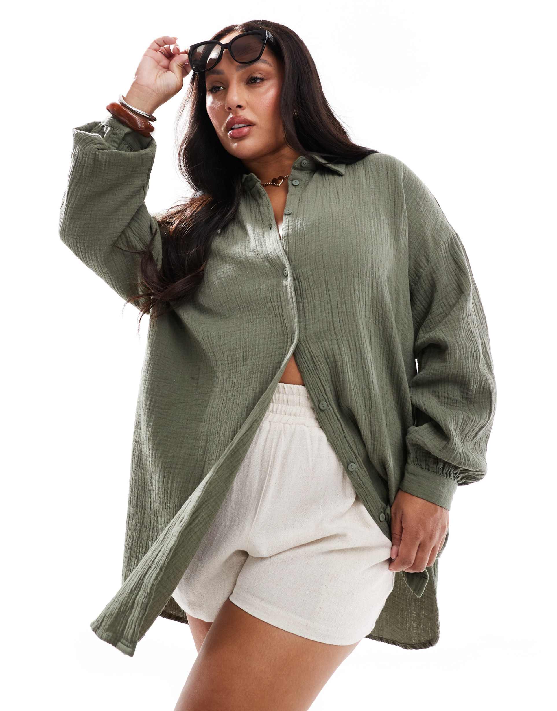 only curve cheesecloth long sleeve shirt in khaki green - part of a set
