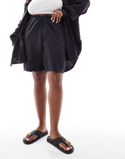 ONLY Curve cheesecloth pull on shorts co-ord in charcoal - view 1