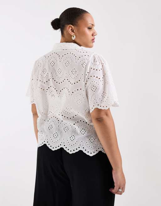 ONLY Curve - Chemise à manches courtes en maille pointelle - Blanc, 3 de 4