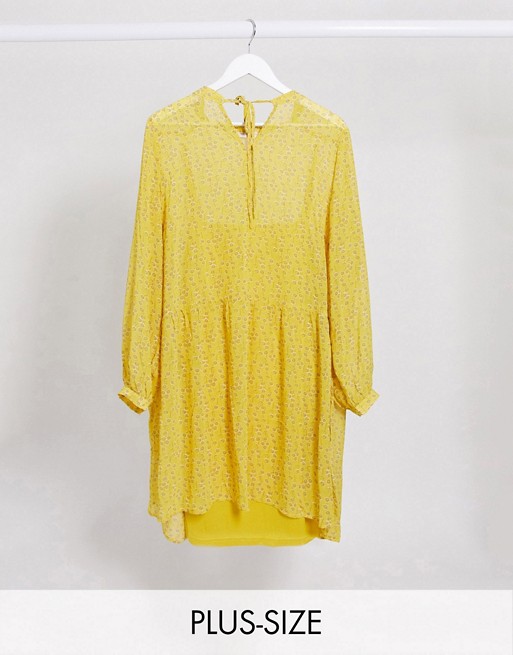 Only Curve chiffon mini smock dress with tie neck in yellow ditsy floral