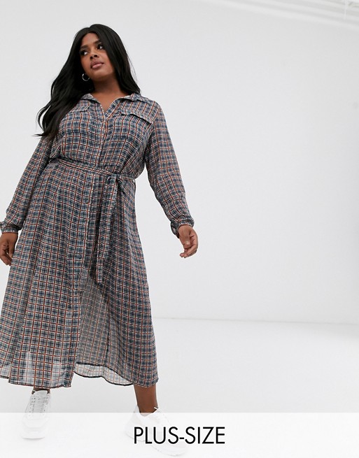 Only Curve chiffon shirt midi dress with tie waist in check print
