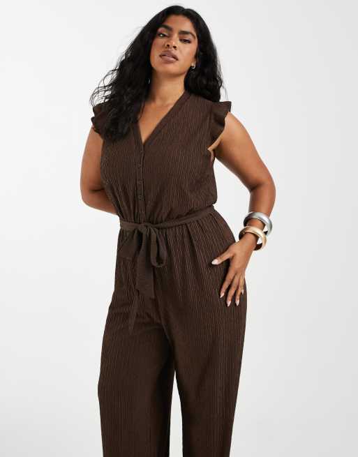 ONLY Curve – Chokladbrun jumpsuit med volangdetaljer, 3 av 4
