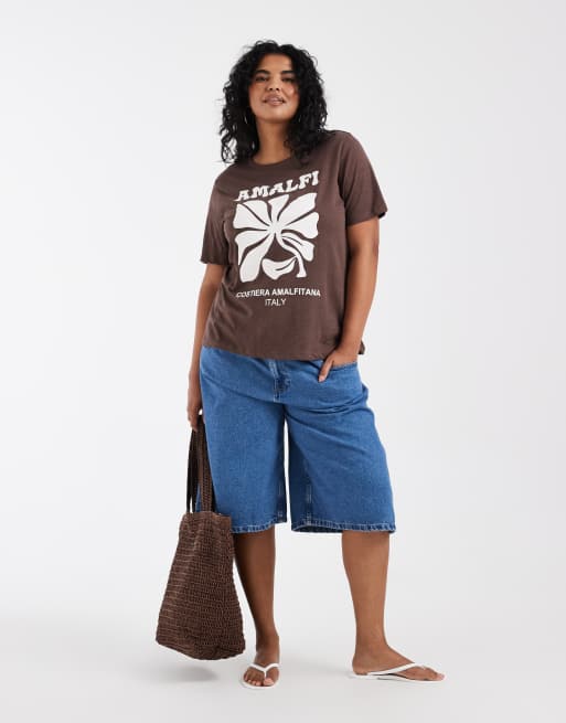 ONLY Curve – Chokladbrun t-shirt med Amalfi-tryck, 2 av 4