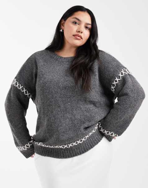 ONLY Curve contrast stitch details jumper in dark grey