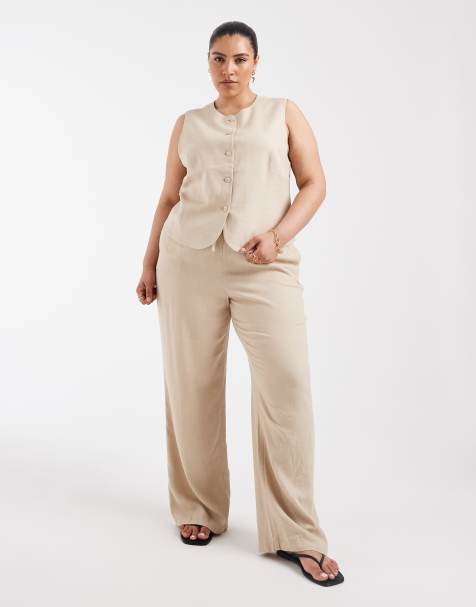 ONLY Curve - Co-ord set van gilet en broek van linnenmix in beige - view 1