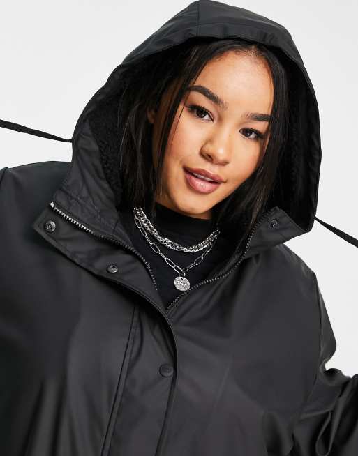 Only Curve coated rain jacket with sherpa lining in black