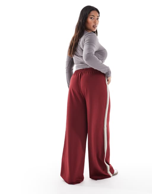 ONLY Curve contrast panel wide leg trouser in burgundy, 3 of 5