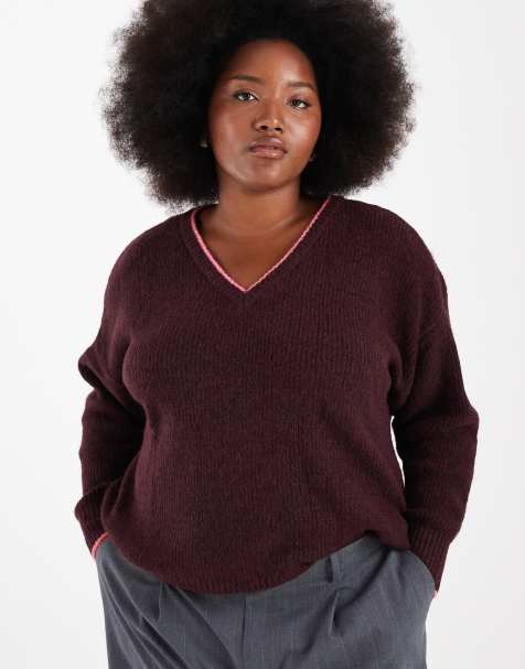 ONLY Curve contrast stitch jumper in burgundy - view 1