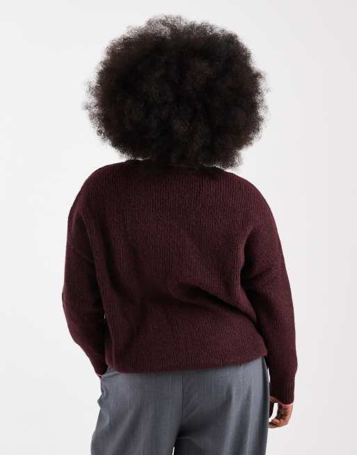 ONLY Curve contrast stitch jumper in burgundy, 4 of 4