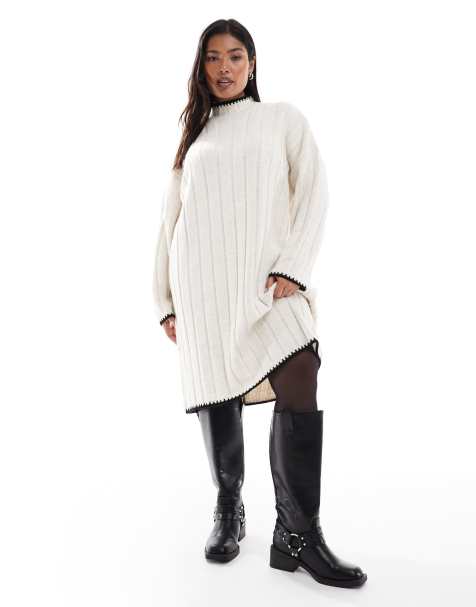 ONLY Curve contrast stitch knitted mini dress in white - view 1