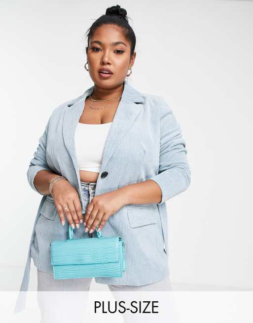 Only Curve - Corduroy blazer met strikceintuur in blauw 