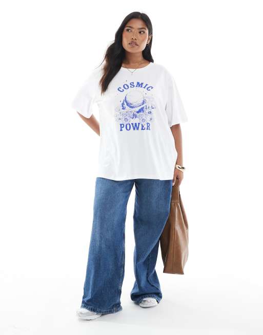 ONLY Curve cosmic graphic print oversized t-shirt in white, 3 of 4