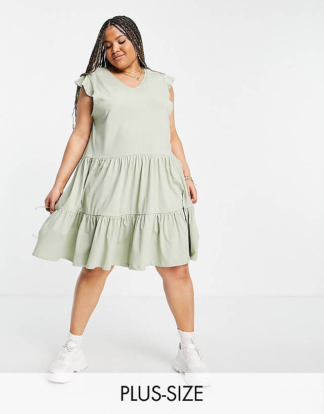 ONLY Curve - cotton tiered skater mini dress in green  - lgreen