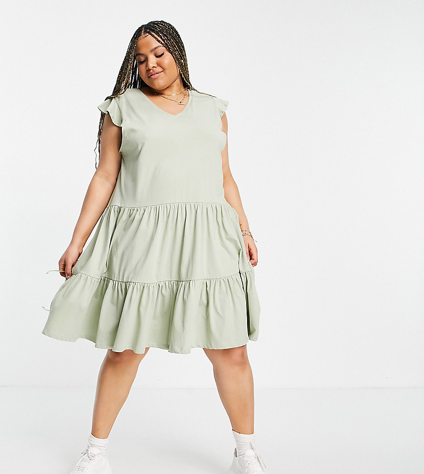 cotton tiered skater mini dress in green