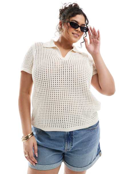 Only Curve - Cremefarvet og strikket polo med hulmønster - view 1