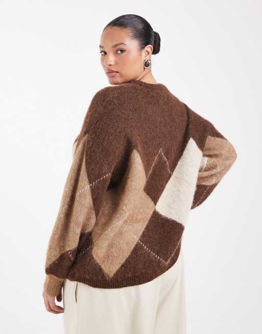 ONLY Curve crew neck knit sweater in beige argyle, 4 of 4