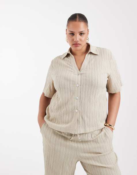 ONLY Curve crinkled textured short sleeve shirt co-ord in stone - view 1